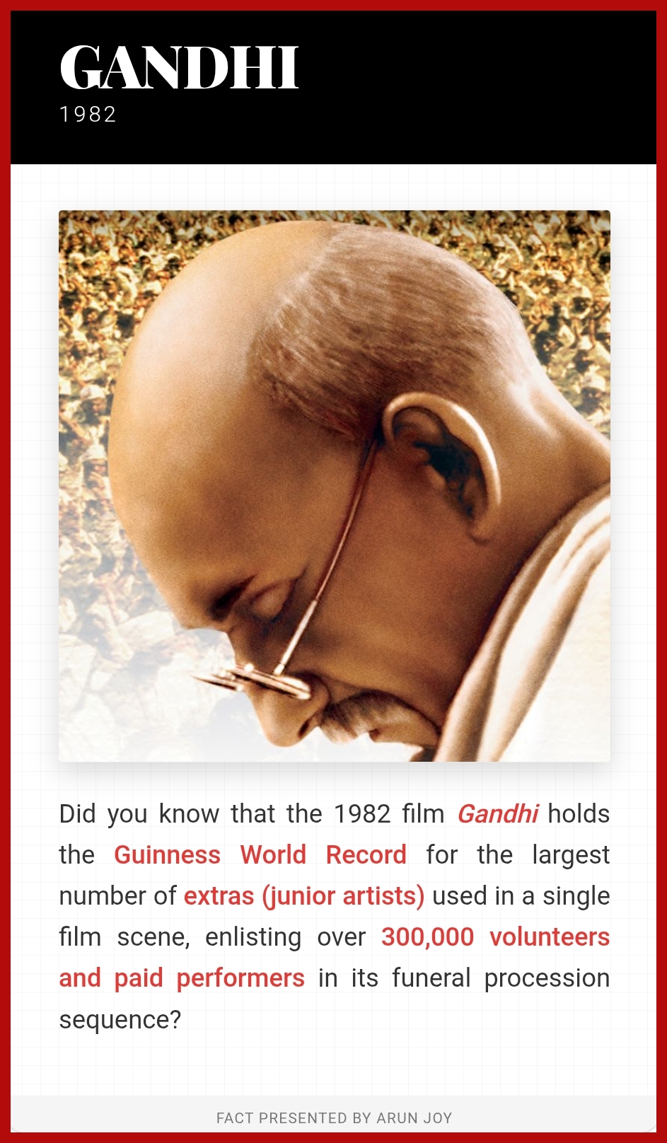 Gandhi Film's Record for the Largest Number of Extras — fact poster presented by Arun Joy
