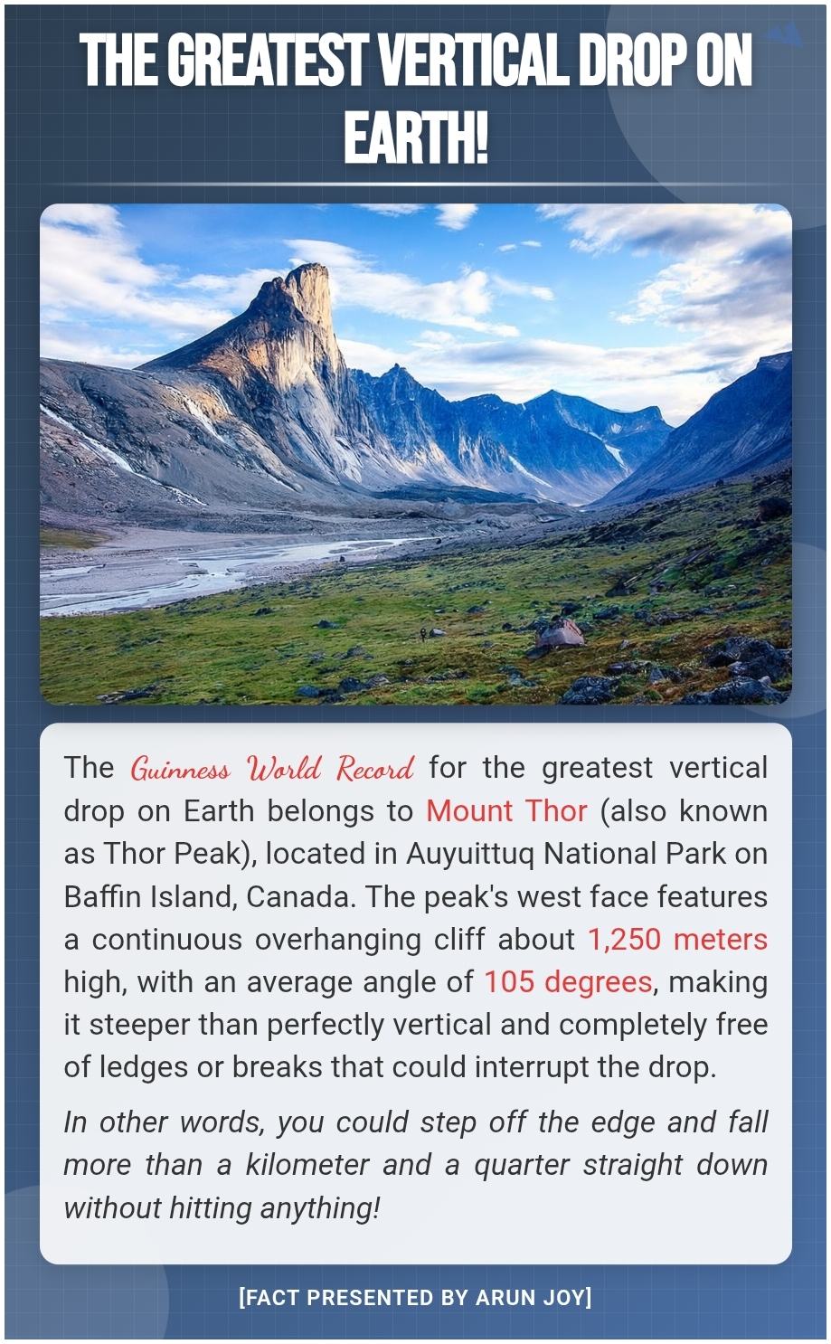 The Greatest Vertical Drop on Earth — fact poster presented by Arun Joy
